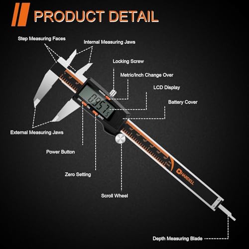HARDELL Digital Caliper 6 Inch, Large LCD Screen Calipers Measuring Tool