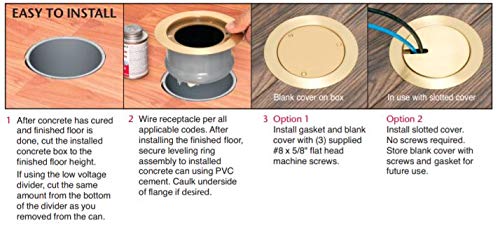 Arlington FLBC4580 Recessed Power and Data Round Floor Box for Existing or New Concrete Floor Boxes (Fits in Most 4.5" Inside Diameter Round PVC Concrete Floor Boxes) (Brass) Brass