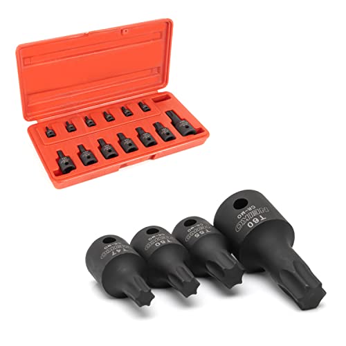 NEIKO 10281B Impact Torx Bit Socket Set, 1/4", 3/8" and 1/2" Drive, 6 Point Star Sockets, Heavy Duty Impact Grade Cr-Mo, T10 to T60 High Impact, Professional Grade Auto & Motorcycle Mechanic Socket 13 Piece