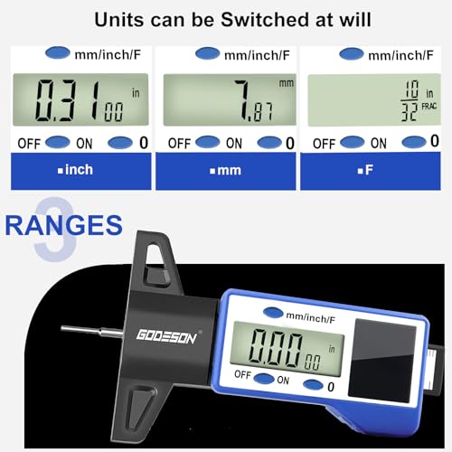 GODESON Digital Tire Tread Depth Gauge – 3 Modes-Fraction/Inch/MM Display, Solar & Battery Hybrid,1” (25.4mm/32NDS) Range, Blue Tire Wear Measure Tool for All Vehicles (Car, Truck, SUV) IN/MM/FRAC - Blue