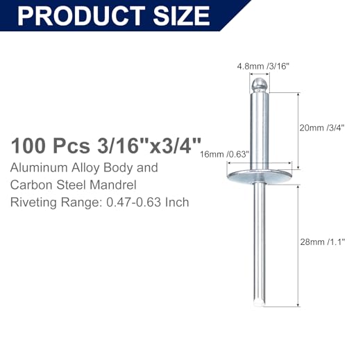 uxcell 100Pcs 3/16" x3/4" Aluminum Blind Rivets, Aluminum Grip and Steel Mandrel, Large Flange Fastener Rivets for Metal, Furniture, Automotive, Silver 3/16"x3/4" 100
