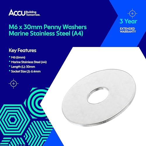Accu - M6 x 30mm Penny Washers - Marine Stainless Steel (A4) (Pack of 20)
