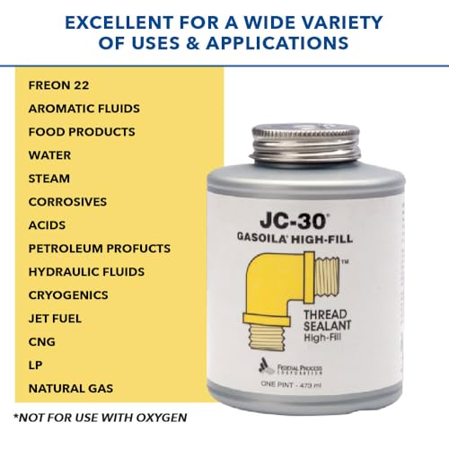 Gasoila Thread Sealant JC-30, High-Fill for Extreme Temperatures, Metal & PVC Sealant for Threads, Pipes, Valves, LP & Natural Gas, Fuel, Water, Cryogenics, High Pressure Seal, 1 Pint w/Brush