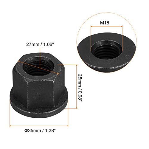uxcell M16 Flange Hex Nuts, 5pcs Grade 10.9 Carbon Steel Black Oxide Finished Hex Flange Nuts for Machinery 5