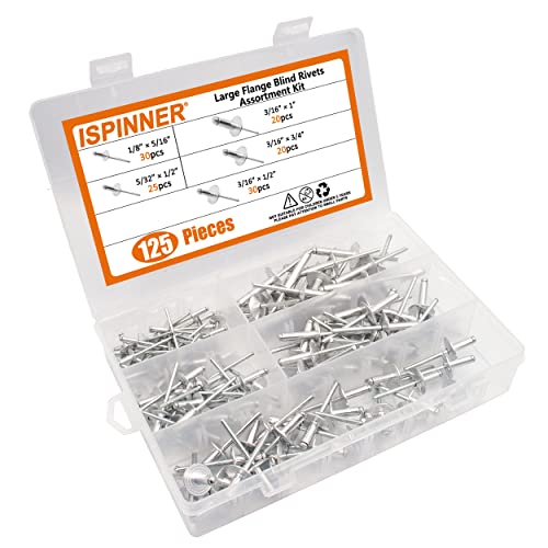  [AUSTRALIA] - ISPINNER 125pcs Large Flange Aluminum Blind Rivets, Pop Rivets Assortment Kit (Silver) Silver