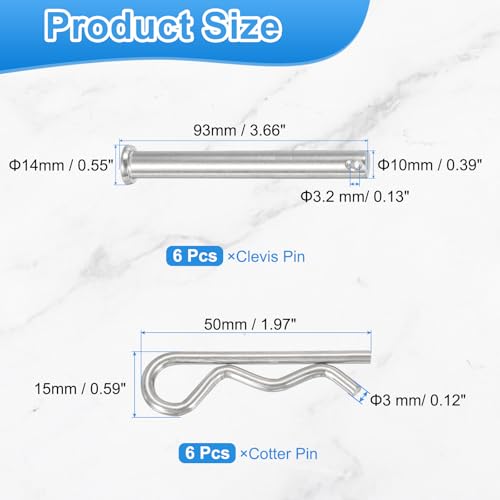 Clevis Pin with R Shaped Spring Cotter Pin M10x90mm Single Hole Clevis with R - Clip Fits for Automotive Mechanics Cars Trucks, (6 Pcs, Silver)
