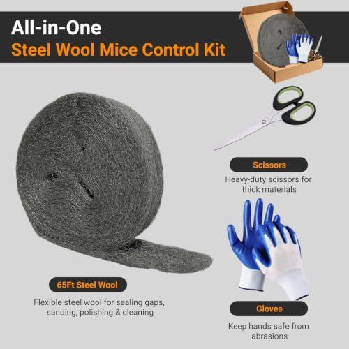 Steel Wool Mice Control, #1 Coarse Steel Wool 65Ft(1.1lb), Mouse Hole Filler DIY Kit Includes Gloves & Scissors for Home & Garage, Wall, Garden, Medium Grade