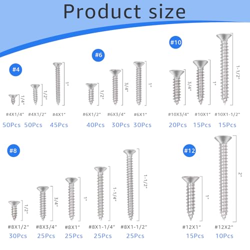 450Pcs Stainless Steel Wood Screws Assortment Kit Screw Self Tapping Screws Phillips Flat Head Self-Tapping Screws