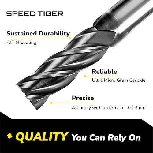 SPEED TIGER EISE 1/16" Carbide Square End Mill - 4 Flutes Milling Bits Set for Alloy Steels, Hardened Steels, Aluminum, Copper, Cast Iron, HRC 50 Deg AlTiN Coating, CNC Router Bits (5pcs)