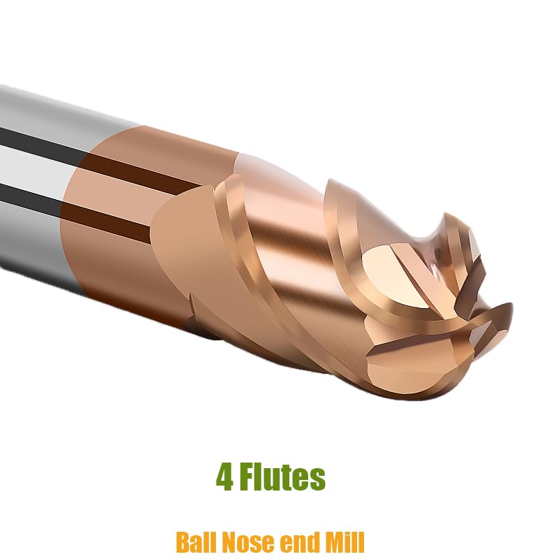 1/16" 1/8" 3/16" 1/4" 3/8" Carbide Ball Nose end Mill Bits Set - 5Pcs 4 Flutes TISIN Coated - for Alloy Steels, Hardened Steels