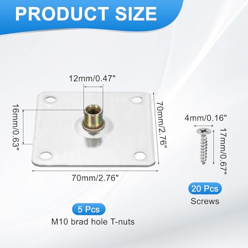 uxcell 5Pcs M10 Brad Hole t Nut, 70mm/2.8inch Square Base Weld Nuts Flange Insert Female Thread with Mounting Screws for Wood Furniture