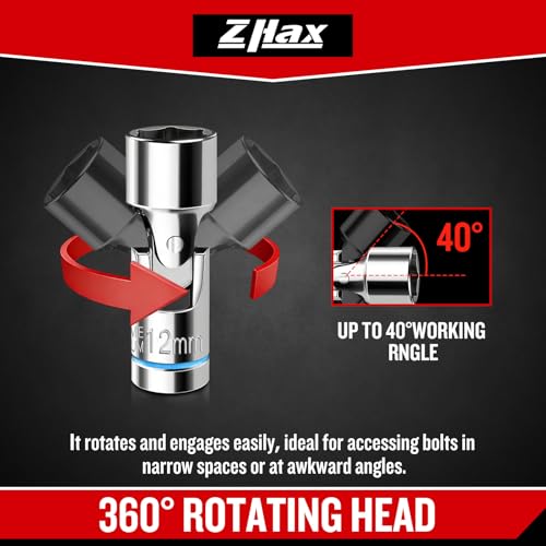 ZHAX 12-Piece 1/4” Drive Universal Flex Socket Set, 6-Point Metric (5-15mm) Swivel Joint With CR-V Steel for Tight Spaces