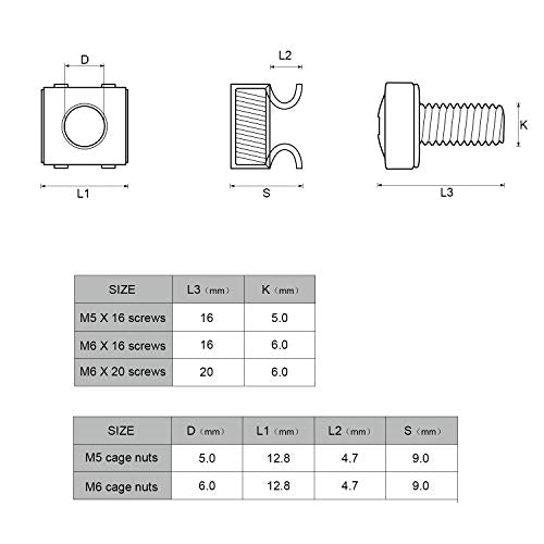 Cage Nuts and Screws, DYWISHKEY 60Set Square Hole Hardware Cage Nuts & Mounting Screws Washers for Server Rack and Cabinet (M5 x 16mm, M6 x 16mm, M6 x 20mm) Pest repeller Model BH-2 Ver.101