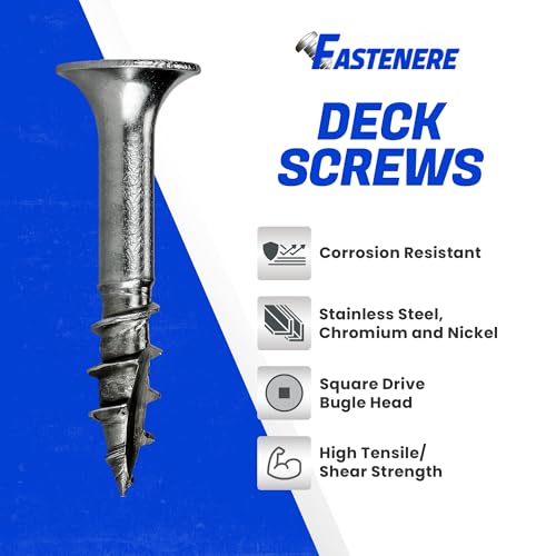 Fastenere Stainless Steel 18-8 Deck Screws - #10 x 1-1/4" (100 Pack) Wood Cutting Point, Square Drive, Partial Thread, Bright Finish for Wood, Exterior, Decking, Composite, Fencing, Type 17 Point 100 Pack #10 x 1-1/4"