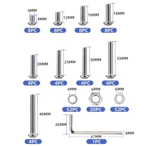 177Pcs M6 Bolts Kit 9 Sizes (8mm–40mm) 304 Stainless Steel M6 Socket Head Cap Screws with Nuts Flat Washers & Lock Washers for Furniture Bed Frame and Bolts Replacement