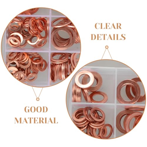 PRETYZOOM Copper Crush Washer Assortment 200Pcs Flat Sealing Washers for Oil Drain Plug Gasket Kit M5 to 14 Sizes with Leak-Resistant O-Ring Design in Storage Box