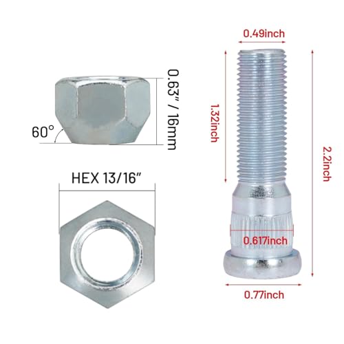 1/2-20 Inch Wheel Stud with Nuts for Trailer for Axles 2000 lb to 3500 lb for Dexter 4400 lb with 1/2"-20 UNF Thread Size (24Sets) 24Sets