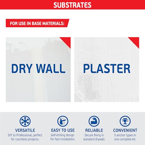  [AUSTRALIA] - Versitile Drywall Anchor Kit, 5 Heavy Duty Self Drilling Anchoring Solutions - 160 pc Hollow Wall Anchor Kit (80 Anchors & 60 Screws) - Use in Drywall, Hollow Wall, Plasterboard, Tile