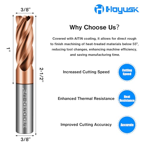 3/8" Carbide End Mills - 4 Flute Square End Mill with AlTiN Coating, HRC 55 Deg, 4T Tungsten Milling Bits for Stainless Steel, Hardened Steel, Cast Iron, Copper, Alloys & More 3/8 in 1