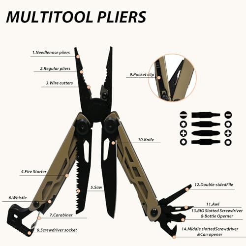 23-in-1 Multitool Pliers - Multi tool Pocket Knife with Screwdriver, Fire Starter, Saw, Whistle, Wire Stripper, Survival Gear for Hunting and Camping with Nylon Sheath (Brown) 23-in-1 Brown