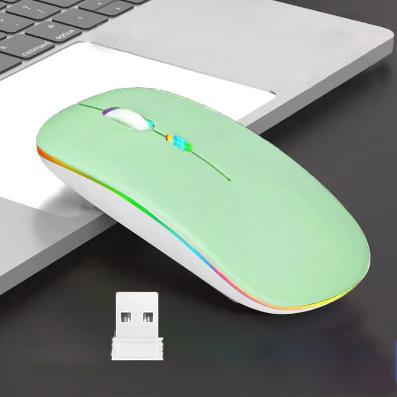 Wireless Bluetooth Mouse,LED Dual Mode Rechargeable Silent Slim Laptop Mouse,Portable(BT5.2+USB Receiver) Dual Mode Computer Mice,for Laptop,Desktop Computer,ipad Tablet,Phone,TV (Green) green