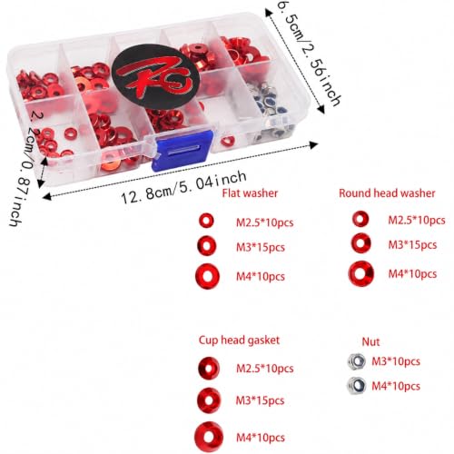 Alloy RC Hardware Fastener Kit, M2.5 M3 M4 Flat Round Cup Head Washers & Nuts, Assorted Screw Washer with Storage Box for 1/8 1/10 RC Cars(Red) Red