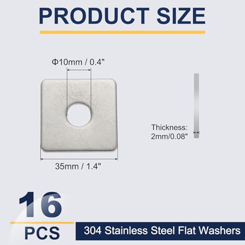 uxcell 16 Pcs Flat Square Plate Washer, 10MM ID x 35MM OD x 2MM Thick 304 Stainless Steel Flat Pad Spacer Gasket for Bolts Factories Bathroom Repair Shops Construction, Silver 10 x 35 x 2 mm