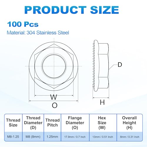 100Pcs Serrated Flange Hex Nuts-M8-1.25-Coarse 304 SS Bright Finish Silver M8-1.25 100
