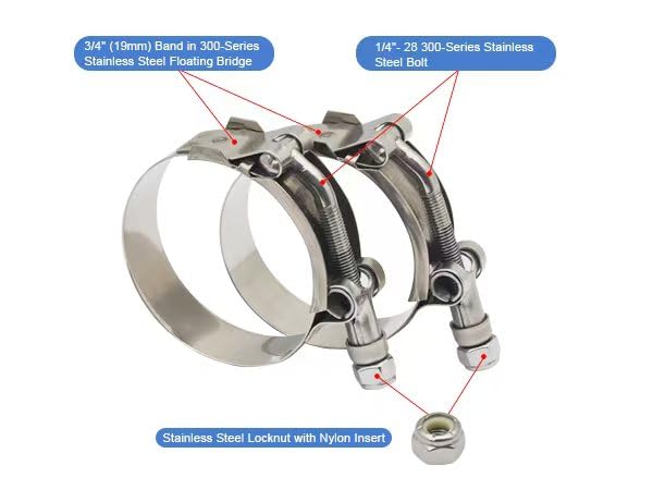3" T Bolt Hose Clamp Stainless Steel - Working Range 81mm - 89mm for 3" Hose I.D. with 3mm - 6mm Wall Thickness, Roadformer T-bolt Hose Clamps Featured to Provide Reliable Sealing Force, 2 Pack 3" Hose Clamp 81mm - 89mm (3.19" - 3.50")
