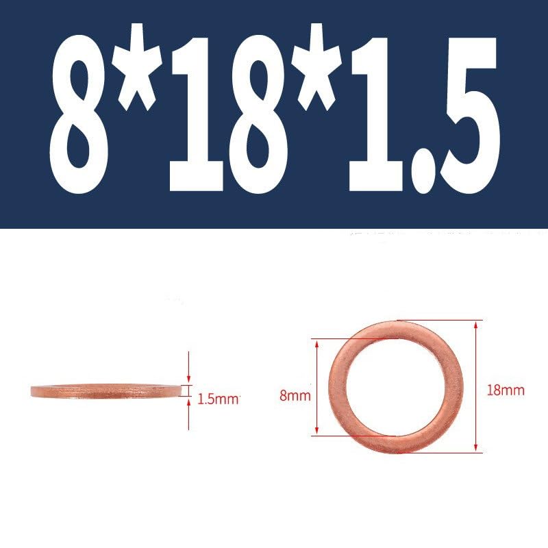 10pcs M8 Copper Washers Flat Ring Sump Plug Oil Seal Gasket Sealing Fitting Washers (M8*18 * 1.5)