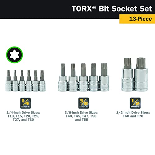 Titan 85532 13-Piece Torx Bit Socket Set, Magnetic Socket Organizer with Laser-Etched Size Markings New Torx