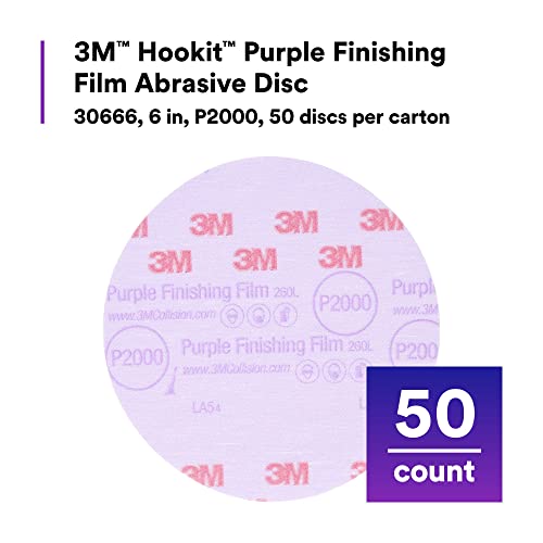 3M Hookit Purple Finishing Film Abrasive Disc 30666, 6 in, 2000+ Grade, 50 Pack, Clear Coat Sanding, Paint Finishing, Defect Removal, Long Lasting P2000