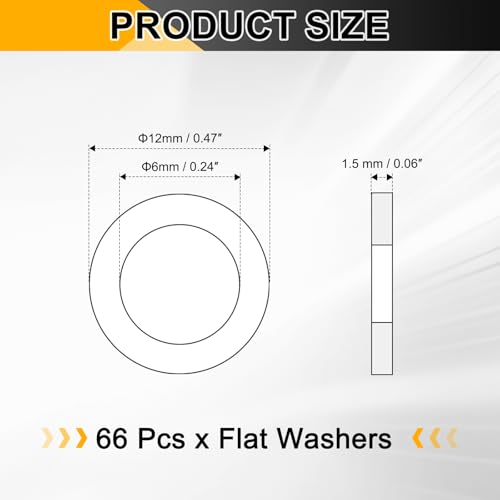 PATIKIL M6 Copper Flat Washers, (6mm ID 12mm OD 1.5mm Thick) (66 Pcs), Sealing Ring Automotive Drain Plug Gaskets Flat Oil Crush Washer Spacers, Suit for - Fasten Screws/Faucets 6mm x 12mm x 1.5mm 66