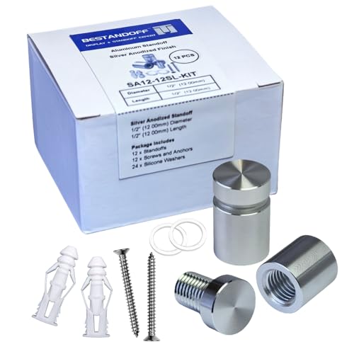 Pack of 12 Aluminum Wall Spacers, Standoff Screws, Sign Standoff Mounting Hardware Glass Standoff for Acrylic Signs (Silver, 1/2" x 1/2") 1/2" X 1/2" Silver