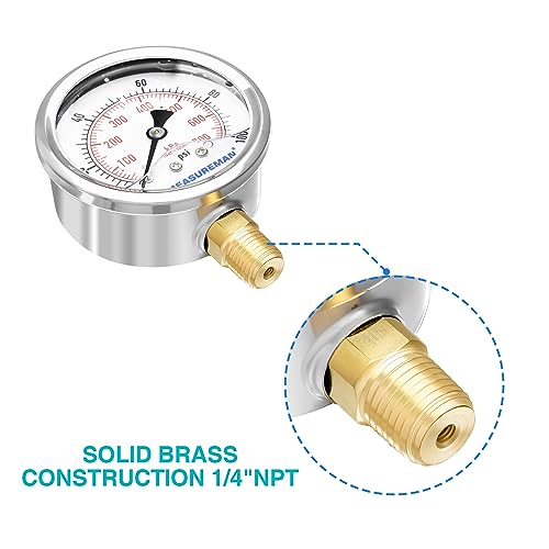 MEASUREMAN 0-100psi/kpa Liquid Filled Pressure Gauge with Brass Gauge Adaptor 1/4NPT Female，2-1/2 OAL x 1-2/5" x 1/8" Probe with Stainless Steel Sheath，Pressure Test Kit