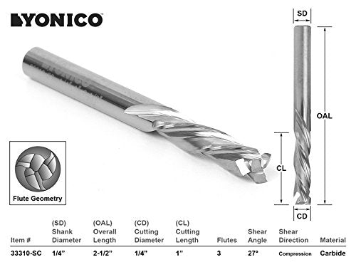 YONICO CNC Compression Bit 3 Flute Spiral End Mill Router Bit 1/4-Inch Dia. 1/4-Inch Shank 33310-SC 1/4" Diameter - 1" Length - 2-1/2" OAL