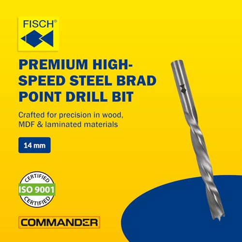 Fisch HSS Double Flute Brad Point Ground Wood Drill Bits, 14mm, Wood Drill Bit, Precision Drilling for Woodworking, Compatible with Standard Drills, DIY & Professional 14mm x 110mm