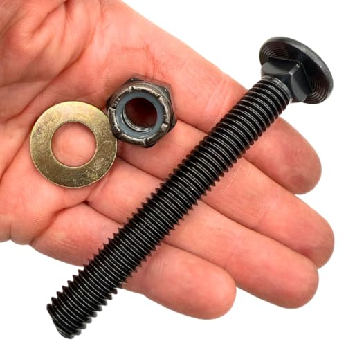 1/2"-13 x 4 Grade 8 Carriage Bolts (4-Pack) – Heavy-Duty Coarse Thread Bolts with Washers and Nylon Lock Nuts – Round Head Square Neck SAE J429 4.0" Plain Black Finish Bolts, Washers, Nuts