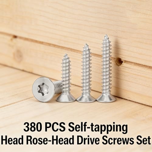 XIQILUOSI 304 Stainless Steel Flat Head Self-Drilling Tapping ScrewsM3-M5Various Sizes, 380PCS Countersunk Star/Flower Groove Self-Tapping Screw Set