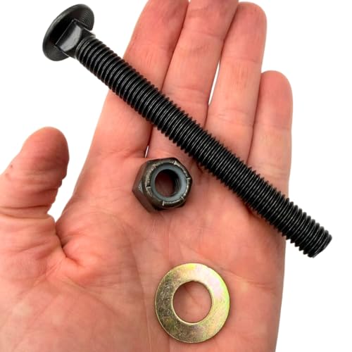 1/2"-13 x 5 Grade 8 Carriage Bolts (4-Pack) – Heavy-Duty Coarse Thread Bolts with Washers and Nylon Lock Nuts – Round Head Square Neck SAE J429 5.0" Plain Black Finish Bolts, Washers, Nuts 4