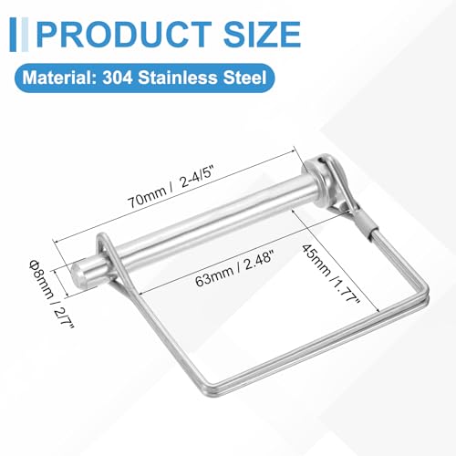 PATIKIL 4Pcs 304 Stainless Steel Square Shaft Locking Pins, 2/7" x 2-4/5"(8mm x 70mm) Trailer Coupler Pin Square Trailer Coupler for Farm Wagons Lawn Hitches Garden, Silver Tone 2/7" x 2-4/5"(8mm x 70mm)