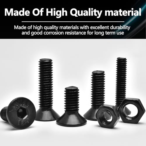 440 Pieces Flat Hex Socket Head Cap Screws Kit Metric Thread Hexagon Allen Head Drive Countersunk Machine Bolts Nuts Standard Fastener Hardware Assortment Kit Set Alloy Steel 10.9 Class Black M3 M4 M5