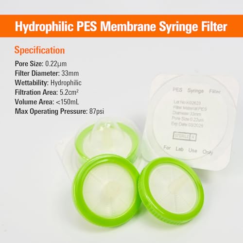 33mm PES Syringe Filter 0.22um with Light Green Ribbed Ring, Sterile, 50 Pcs