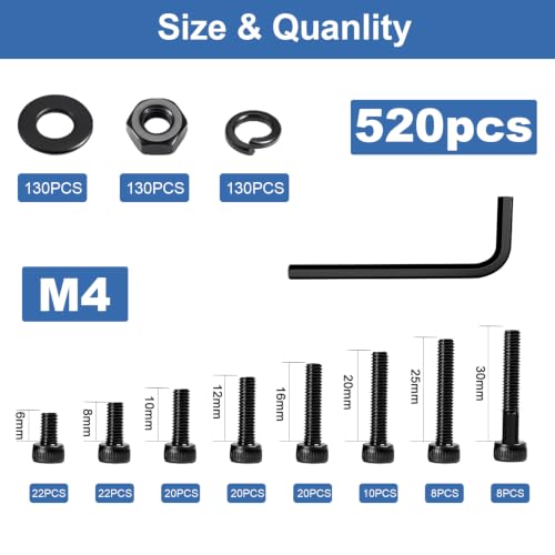 520Pcs M4 Screw Kit, Hex Socket Head Cap M4 Screws, M4 Bolts Nuts Washers Black Black M4--520 Pcs