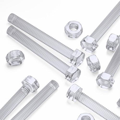Pack of 30 Transparent Clear Plastic Acrylic M6 x 50mm Nuts & Bolts, Acrylic Plastic Screws, Hexagon Head, 15/64 x 1 31/32