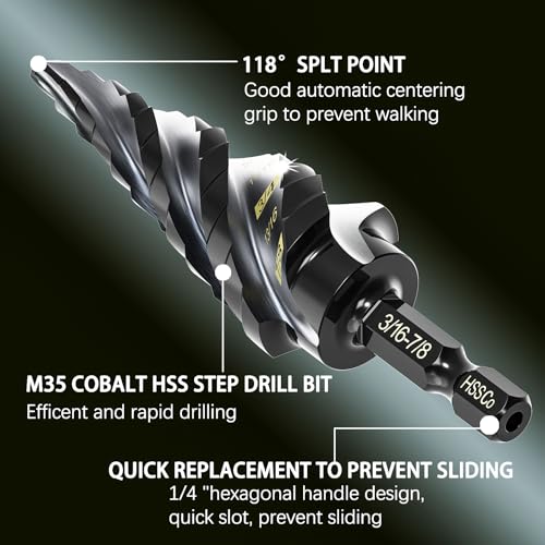 M35 Cobalt Step Drill Bit Set, TiAlN Coated Unibit Metal Hole Cutter 1/8"-7/8"(3pcs), High Speed Steel with 4 Spiral Flutes, Hex Shank for Stainless Steel, Wood, Plastic 1/8"-7/8"(3 pcs)