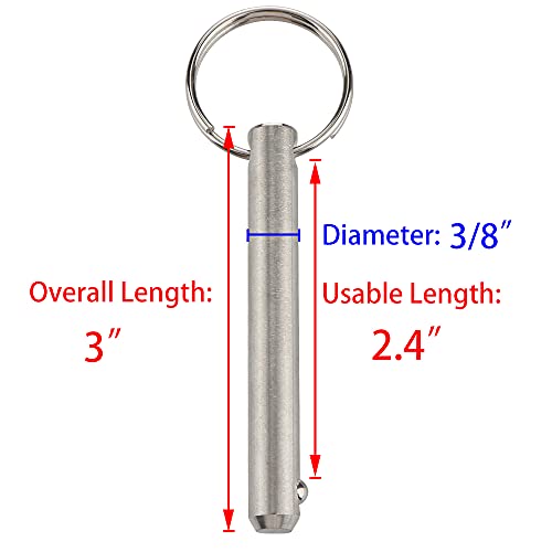 4 Pcs Long Quick Release Pin, Diameter 3/8"(9.5mm), Usable Length 2.4"(61mm), Overall Length 3"(76mm), Full 316 Stainless Steel, Bimini Top Pin, Marine Hardware