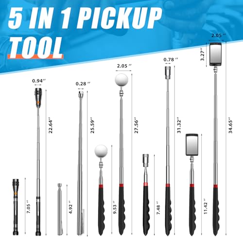 5 PCS Magnetic Pickup Tool Set, 1lb & 15lb Pick Up Rod, Magnetic Flashlight Pickup Tool, Round and Square 360 Swivel Adjustable Inspection Mirror, Mens Gifts for Him, Birthday Gifts for Men Women Dad 5Pcs Tools Set