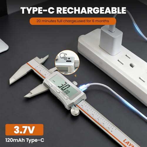 Digital Caliper, Rechargeable Digital Calipers with Backlight LCD & Auto-Off, Stainless Steel Measuring Tool, Inch/MM/Fraction Conversion for 3D Printing DIY Woodworking 6 Inch 6-IN