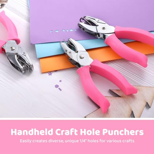 6 Pcs Handheld Craft Hole Punchers, Metal Paper Punchers, 1/4" Single-Hole Tag Punchers, Includes Rectangle, Star, Moon, Circle, Flower, Heart Shapes, Ideal for Binder & Scrapbooking